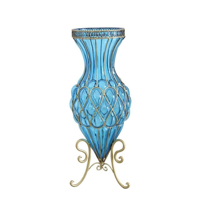 Soga 67cm Blue Glass Tall Floor Vase With Metal Stand