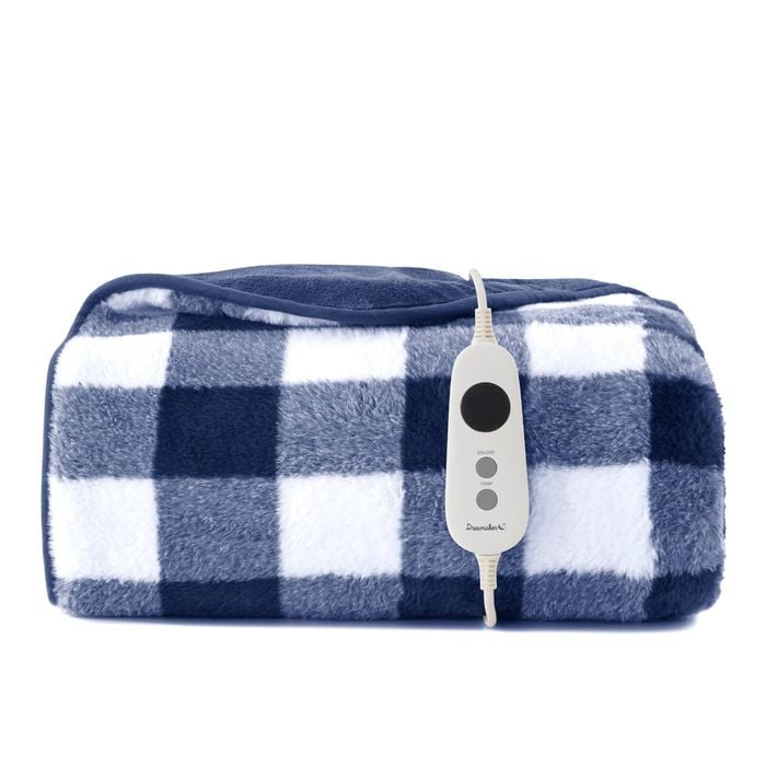 Dreamaker Gingham Plush Electric Heated Throw Blanket Midnight Blue - 130x160cm | Overheat Protection, 9 Heat Setting, Washable