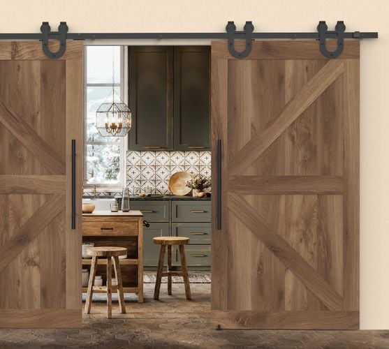 Kitchen interior featuring Rolltrak Matte Black Side Mount Horseshoe Barn Door Track, 600mm Matte Black Round Double Pull Handle, Matte Black Barn Door Guide and Matte Black Track Joiner.