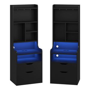 Advwin 2x Tall LED Nightstand with Charging Station, 3 Drawers, Bookshelf, 6 Storage Shelves & 3 Hooks, Black