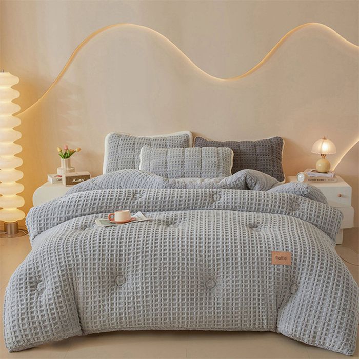 CottonMore Thick Winter Warm Quilt Reversible Waffle Plush Comforter 200x230cm - Grey
