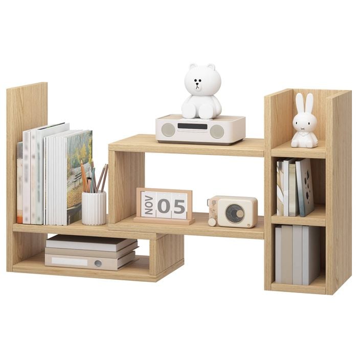 Ufurniture Desktop Bookshelf with Storage, 4-Tier Shelf with Wire Grid & 5 Hooks for Home Office, Oak