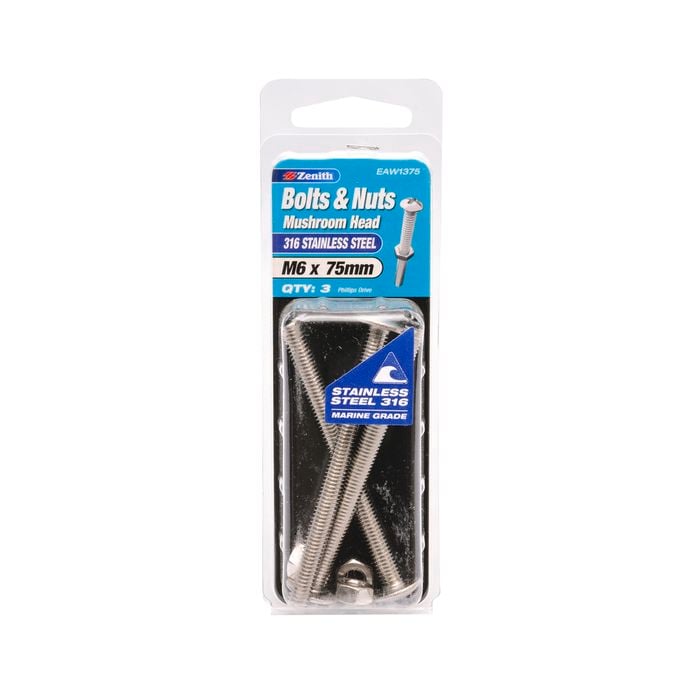 Zenith Bolt & Nut M 6x 75mm Mushroom Head SS316 3pk