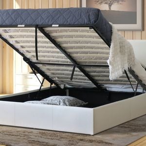 Istyle Prada Queen Gas Lift Ottoman Storage Bed Frame Pu Leather White