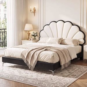 HOMFURN Queen Bed Frame with Adjustable Shell Headboard, White PVC & Black Frame, 300kg Capacity
