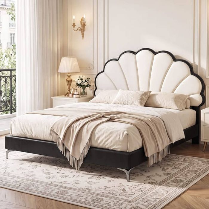 HOMFURN Queen Bed Frame with Adjustable Shell Headboard, White PVC & Black Frame, 300kg Capacity