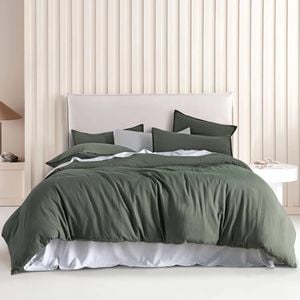 CleverPolly Vintage Washed Microfibre Quilt Cover Set - Khaki Green - Queen