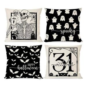 Catzon 4 Pcs Scary Throw Pillow Covers Linen Cushion Case for Decor 50X50cm