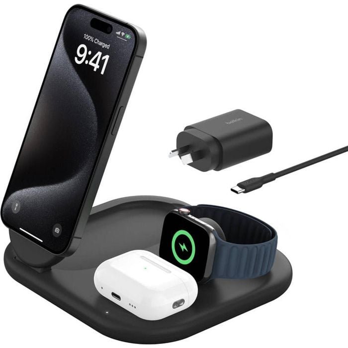 Belkin BoostCharge 3 in 1 Magnetic Foldable Wireless Charger with Qi2 (Black)