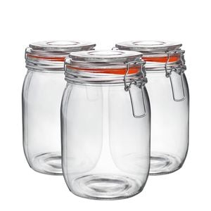 Argon Tableware Glass Storage Jars - 1l/33.8oz - Set Of 3 - 4 Colour Seals Airtight Kitchen Storage Container Preserving Jar