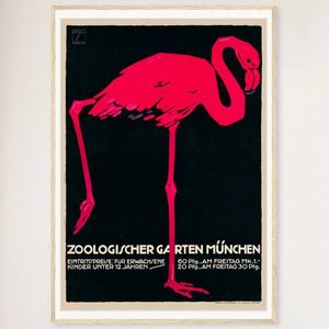 Galrie Munich Zoo Vintage Pink Flamingo Poster by Ludwig Holhwein for Home Decor, Wood Frame, A4 21 x 30cm (8 x 12inch)