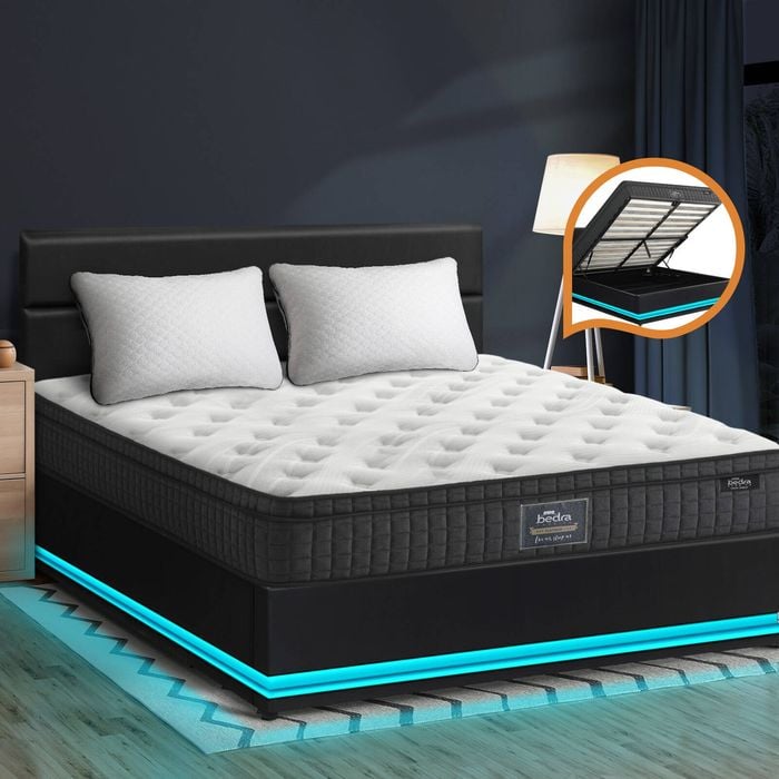 Oikiture Bed Frame Queen LED Platform Mattress Beds Black LAYZ