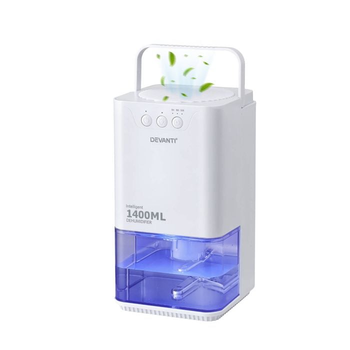 Devanti Portable Dehumidifier For Bedroom And Closet With Handle And Timer 1400ml 280 Sq Ft White