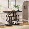 OAKORY 105cm Industrial Console Table with Black Circular Metal Base and 4 Tier Shelves in Charcoal Black