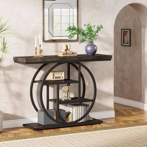 OAKORY 105cm Industrial Console Table with Black Circular Metal Base and 4 Tier Shelves in Charcoal Black
