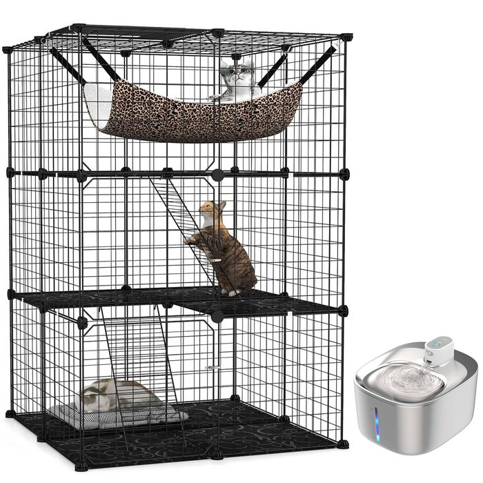 Advwin 3‑Tier DIY Cat Cage with 4L Automatic Sensor Pet Water Fountain
