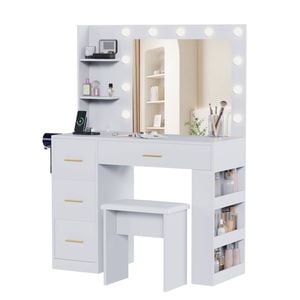 Advwin Vanity Desk with Mirror and 11 Bulbs Lights Charging Station White