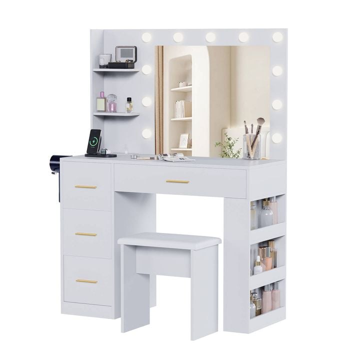 Advwin Vanity Desk with Mirror and 11 Bulbs Lights Charging Station White
