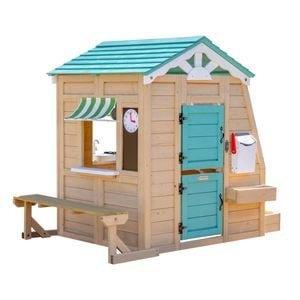 Teamson Kids Gardenia Wooden Playhouse With Garden Window, Fixed Bench & Flower Boxes, Tan & Green