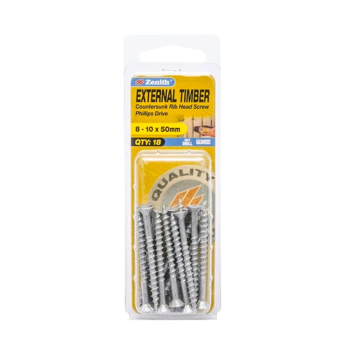 Zenith 8 - 10 x 50mm Galvanised Countersunk Rib Head External Timber Screws - 18 Pack