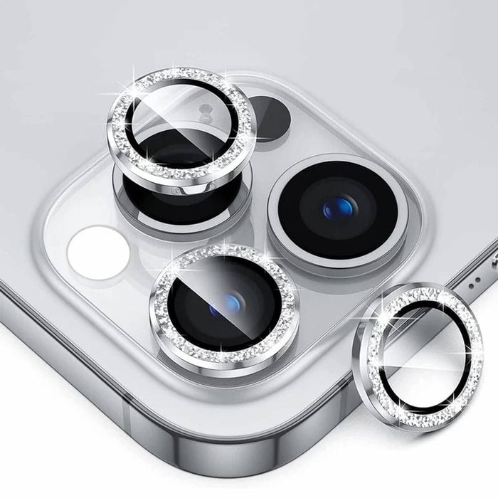 Tough On iPhone 16 Pro / iPhone 16 Pro Max Camera lens Protector Tempered Glass Individual Ring Silver Diamond