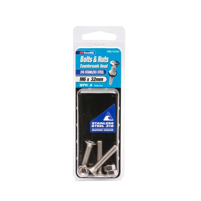 Zenith M6 x 32mm 316 Stainless Steel Countersunk Head Bolt And Nut - 3 Pack