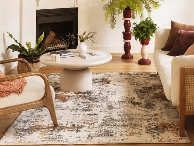 A furnished living room, with a couch, coffee table, fireplace, plants and a rug on the floor in it.
