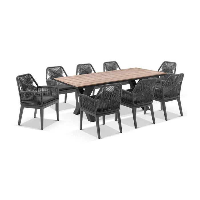 Kansas 2m Outdoor Teak/aluminium Dining Table Charcoal With 8 Hugo Chairs & Carbon Grey/denim Grey Cushions