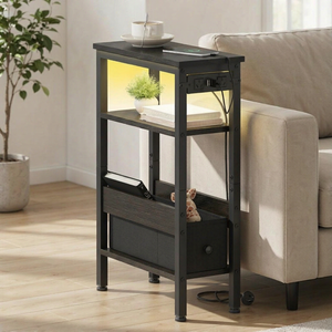 Ufurniture LED Side Table with Charging Station Narrow Bedside End Table with topless Drawer & Shelf Black