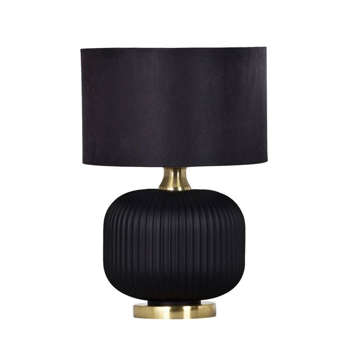 Cla Lighting Lusso Interior Drum Shade Ceramic Base Table Lamp Black With Antique Brass Highlight Black Base