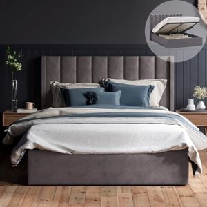 Emilie King Dark Fossil Grey Velvet Gas Lift Storage Winged Bed Frame