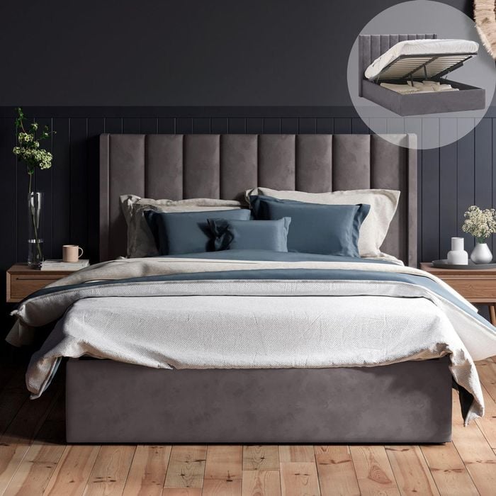 Emilie King Dark Fossil Grey Velvet Gas Lift Storage Winged Bed Frame