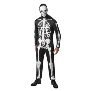 Adult Skeleton Halloween Costume Jumpsuit with Skull Hood Scary Halloween Outfit, Medium