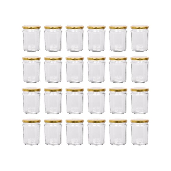 Argon Tableware 380ml Glass Jam Jars With Airtight Gold Lids - Set Of 24 Empty Screw Top Kitchen Storage Preserving Jar
