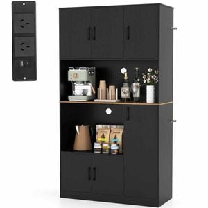Costway 1.8M Pantry Cupboard Cabinet w/Power Outlet/Microwave Stand Black