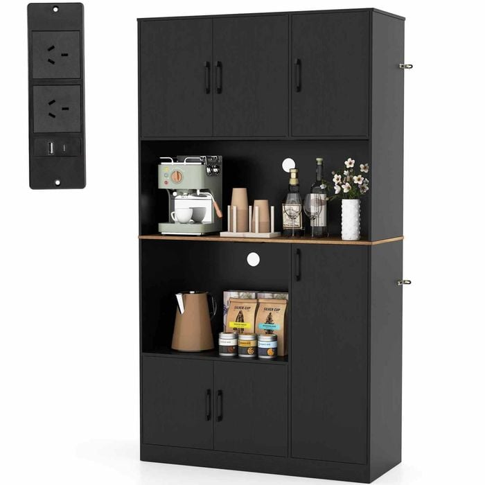 Costway 1.8M Pantry Cupboard Cabinet w/Power Outlet/Microwave Stand Black