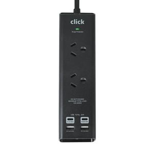 Click Fast Charging 2 Outlet Black Wall Mountable Powerboard with USB A & C Outlets