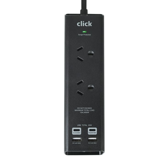 Click Fast Charging 2 Outlet Black Wall Mountable Powerboard with USB A & C Outlets