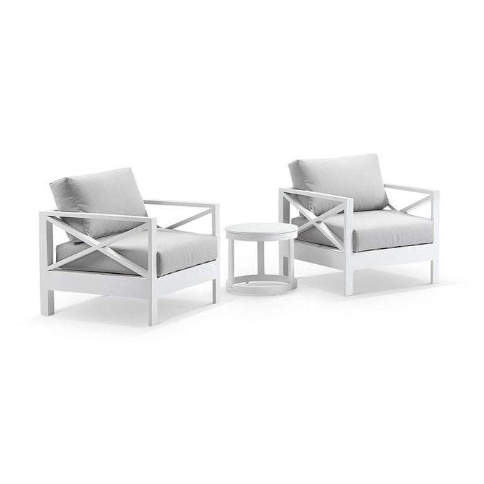 Kansas Lounge Patio Balcony Set Side Table White & Olefin Grey Cushions