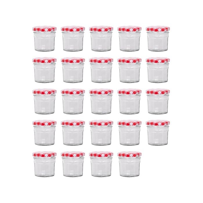 Argon Tableware 90ml Glass Jam Jars With Airtight Red Gingham Lids - Set Of 24 Empty Screw Top Kitchen Storage Preserving Jar