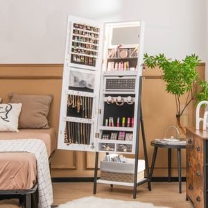 Costway Mirror Jewellery Cabinet 3-color Led Makeup Storage Organizer Box Standing White