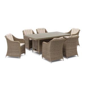 FurnitureOkay Liverpool 7-Piece Wicker Outdoor Dining Setting - Beige Cushion