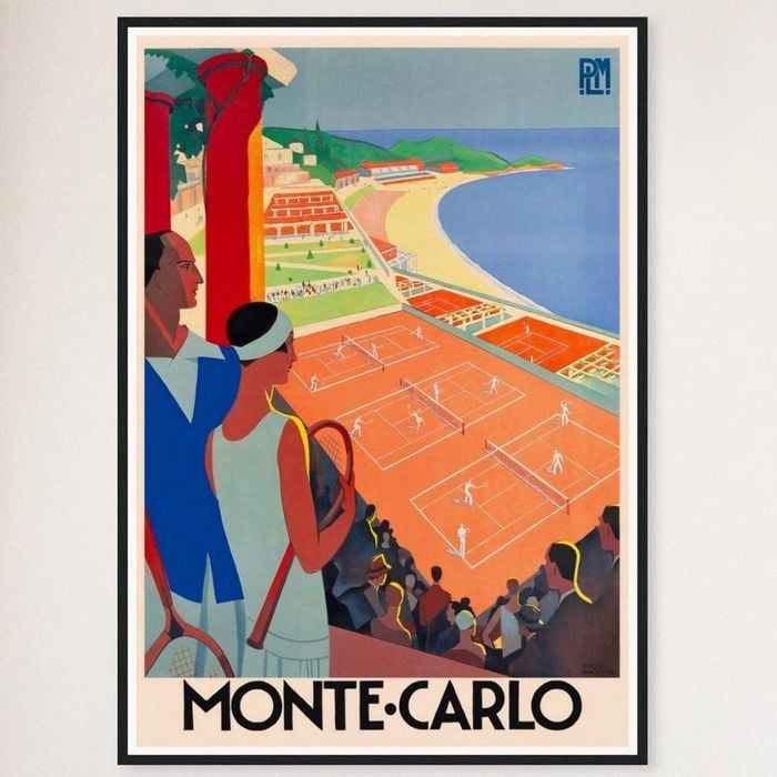 Galrie Monte Carlo Vintage Tennis Travel Poster - Perfect Wall Art for Any Space, Black Frame, 70 x 100cm (28 x 40inch)