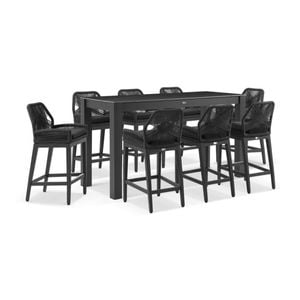 Hugo Outdoor Ceramic 2m Rectangle Aluminium Bar Table Charcoal With 8 Rope Stools & Denim Grey Cushions