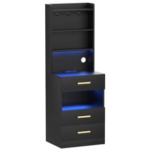 Advwin Tall Bedside Table Nightstand with Charging Station and LED Lights 3 Drawers Black