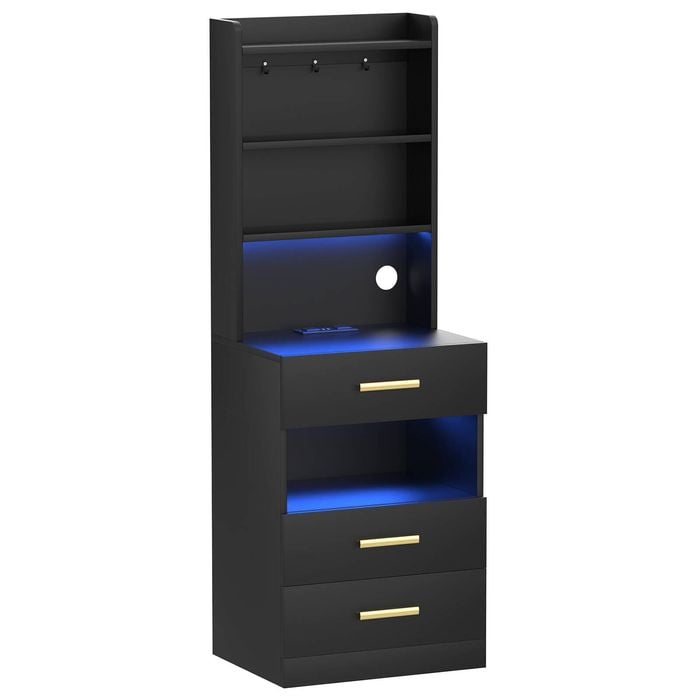 Advwin Tall Bedside Table Nightstand with Charging Station and LED Lights 3 Drawers Black