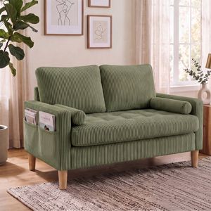 Advwin 121cm 2 Seater Sofa Corduroy Loveseat Couch w/ Tufted Seat Cushion & Side Pockets Green