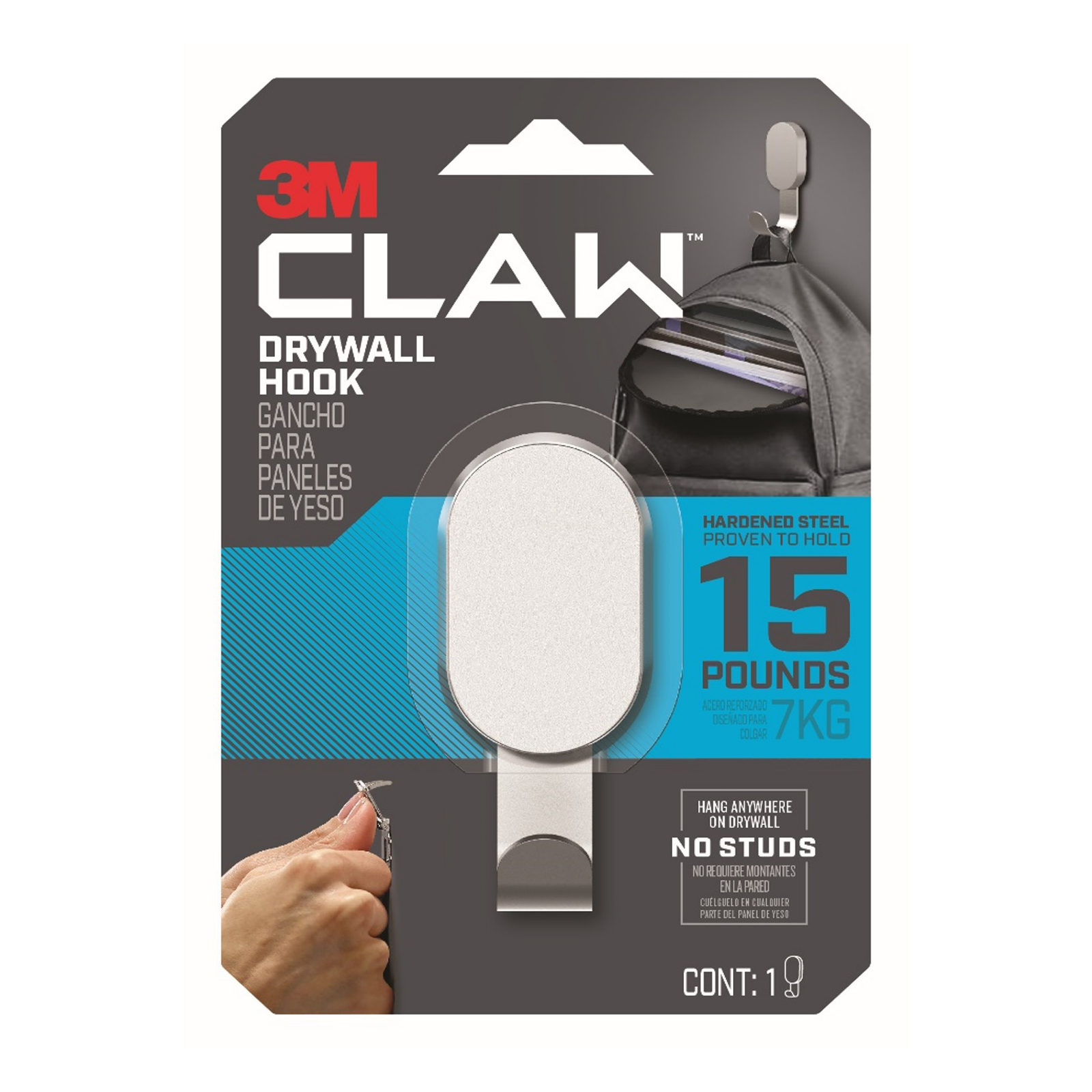 3M 7kg Silver CLAW Plasterboard Wall Hook
