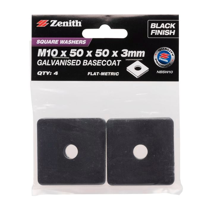 Zenith M10 x 50 x 50 x 3mm Black Square Washer - 4 Pack