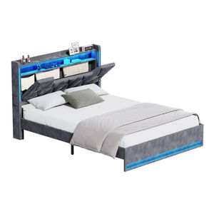 Ufurniture LED Bed Frame Queen Size with Hidden Storage and Charging Station Velvet Button Tufting Upholstered Headboard Grey